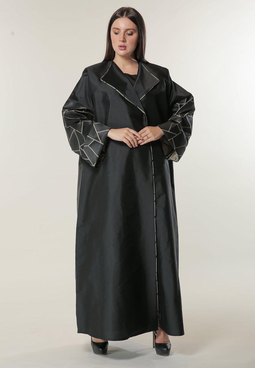 Black Geometric Piping Detail Evening Abaya - Image 1