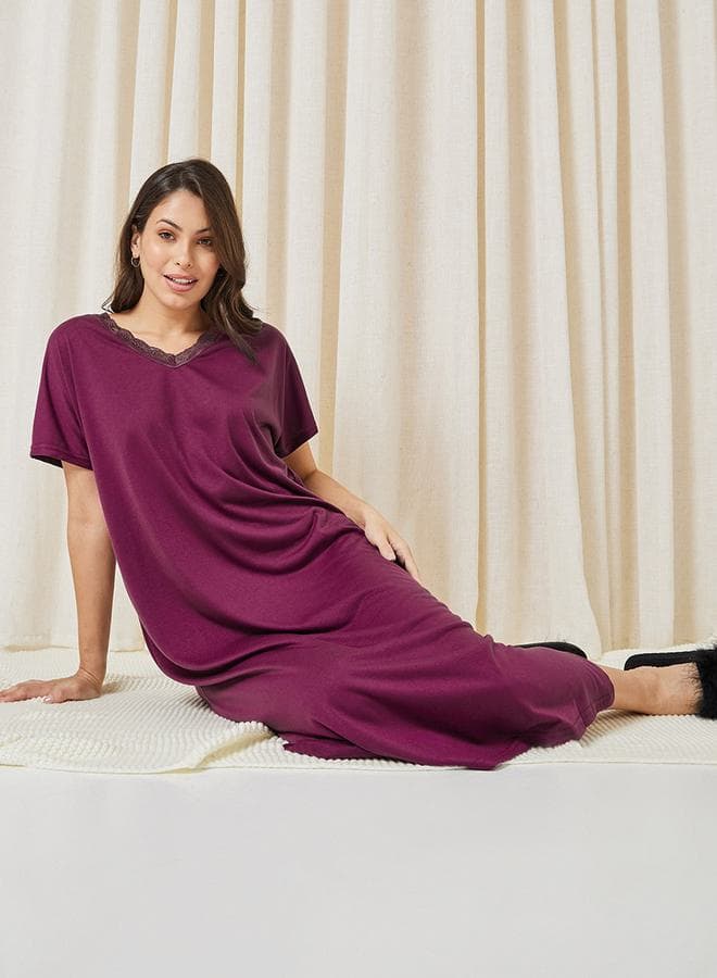 Lace Trim V-Neck Nightie with Slit Hem 7000107606 - Image 1