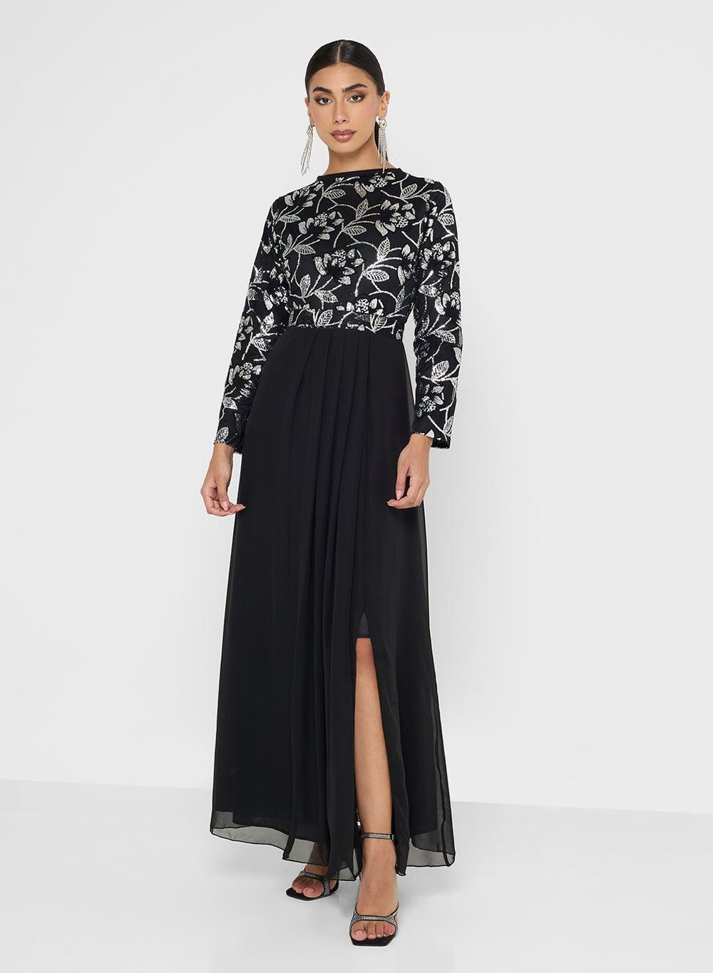 Golden Sequin Floral Maxi Dress Black A-Line UAE - Image 1
