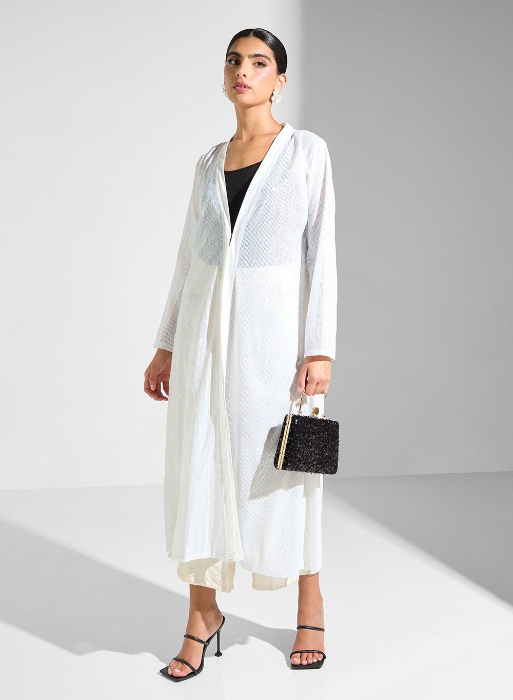 White Sequin Arabian Cloak Abaya – Classic UAE Elegance - Image 1
