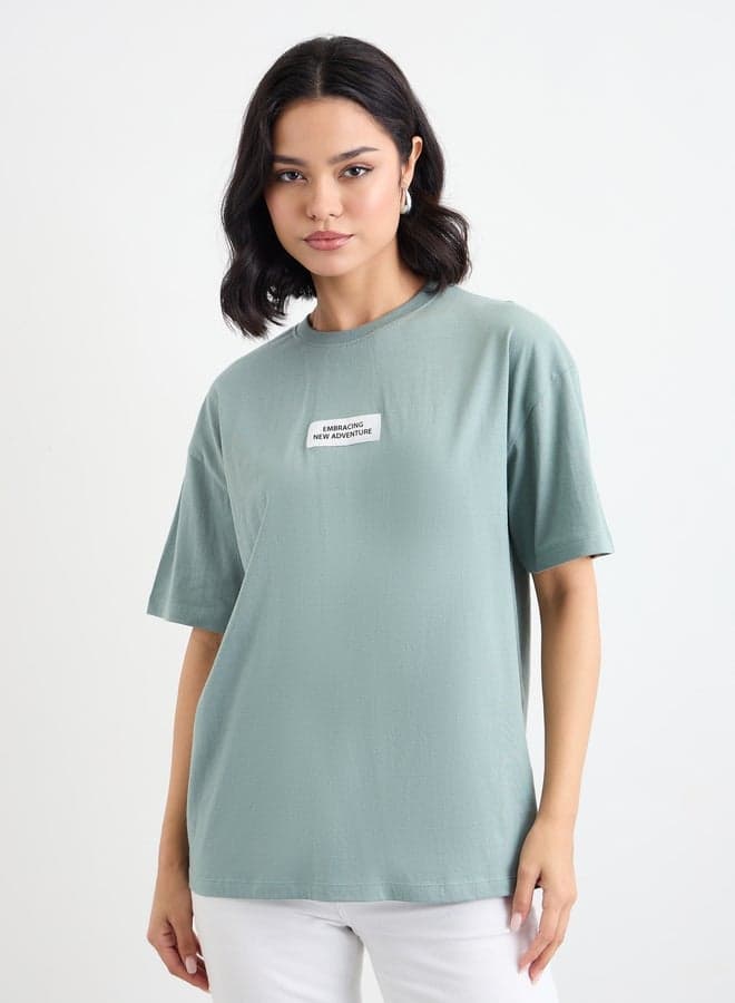 Styli Green Oversized Cotton T-Shirt with Patch Detail - Image 1