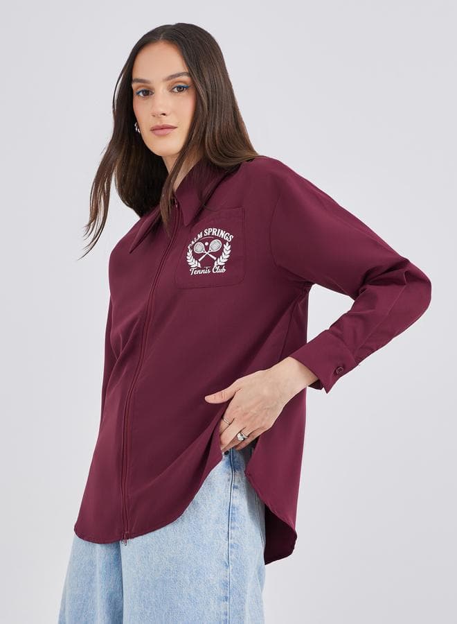 Burgundy Oversized Zipped Shirt with Chest Pocket - Image 1