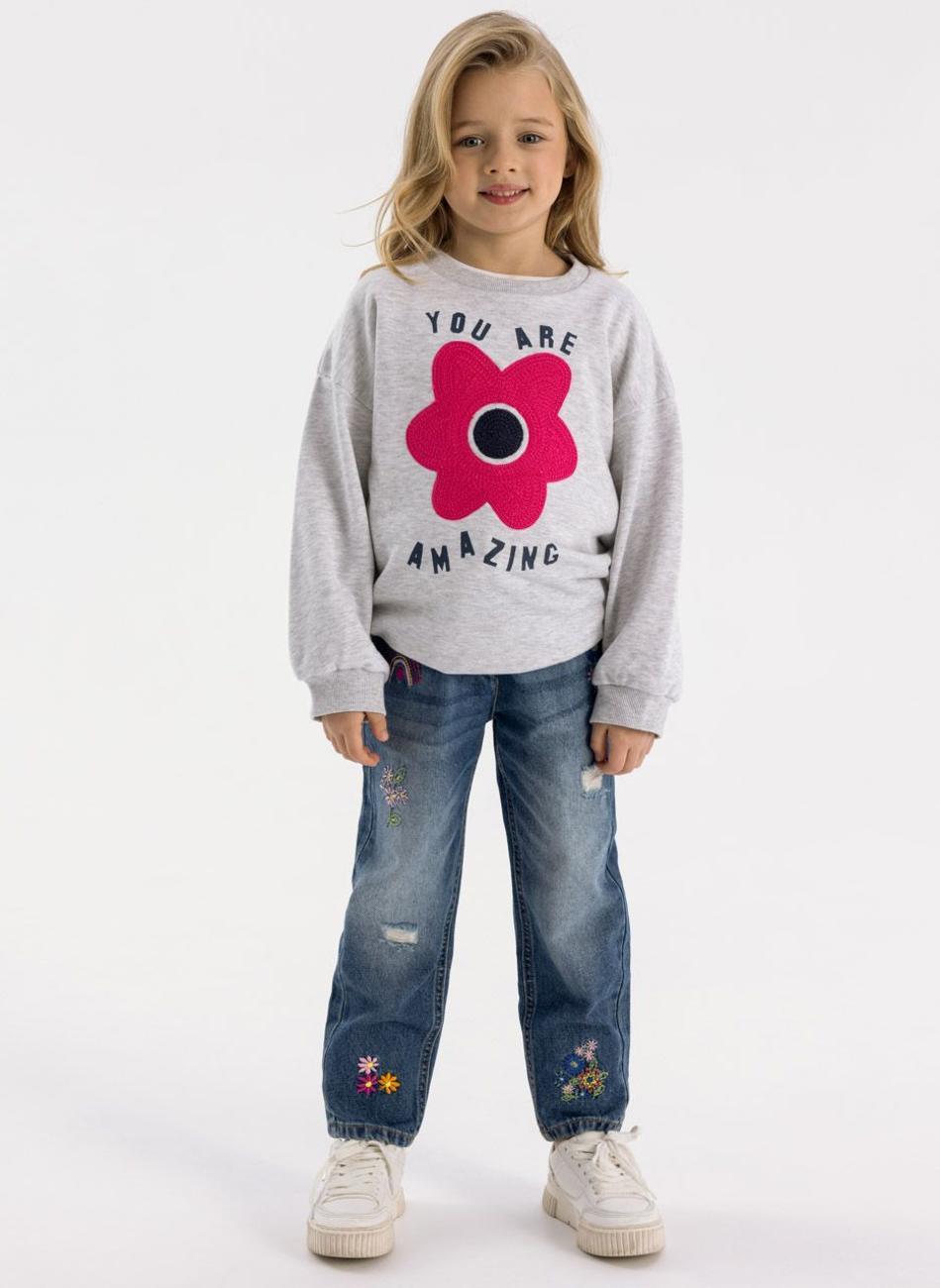 Girls Grey Printed Fleece Crew Sweatshirt - Image 1