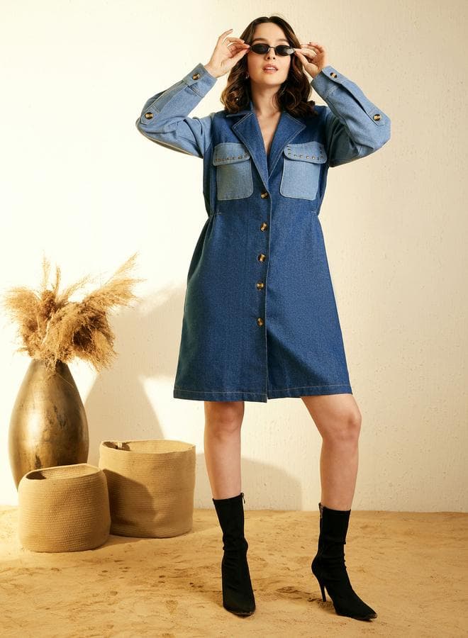 Stylestone Color Block Denim Midi Shirt Dress - Image 1