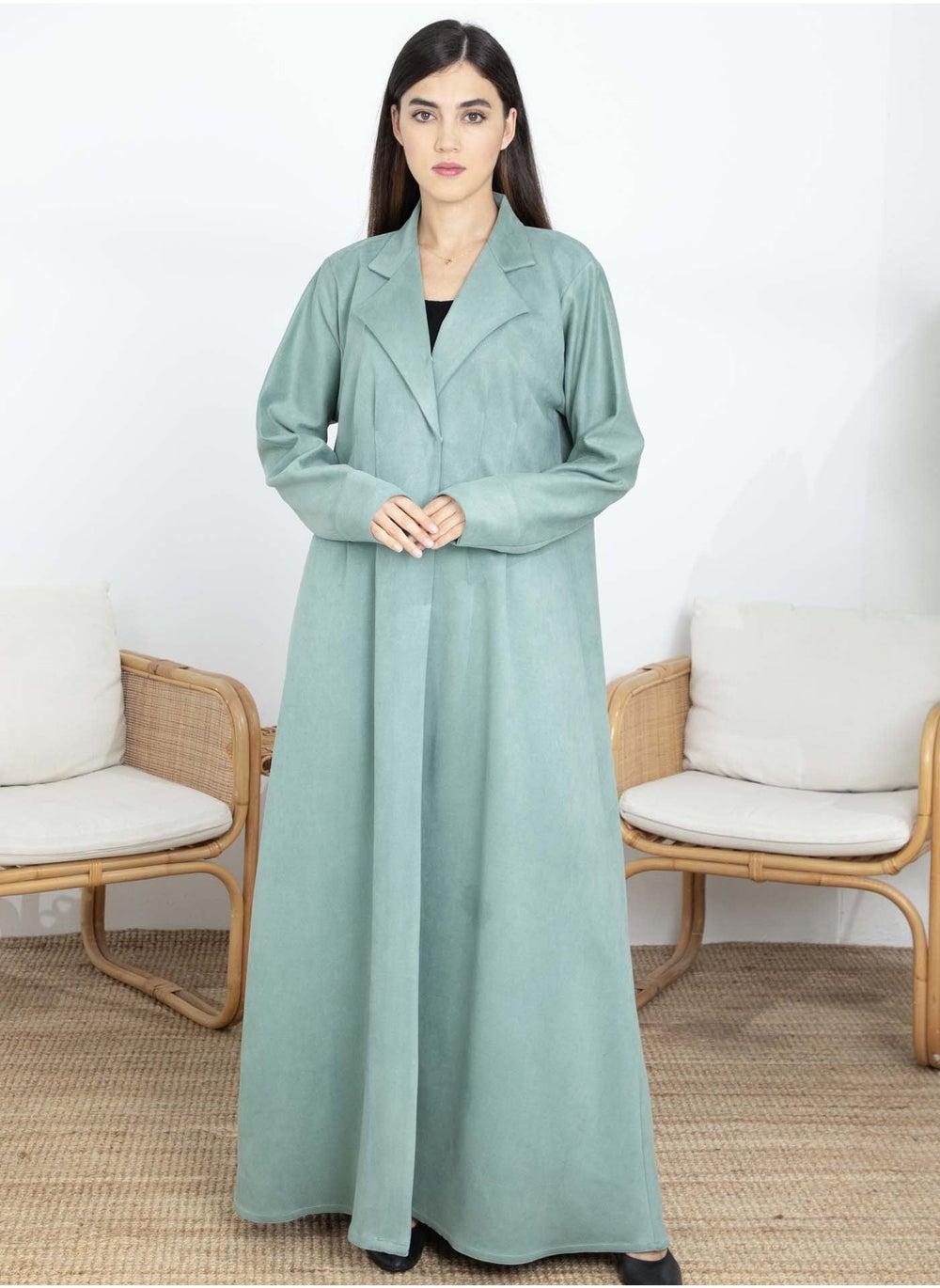 Green Suede Lapel Abaya – Winter Elegance Classic Fit - Image 1