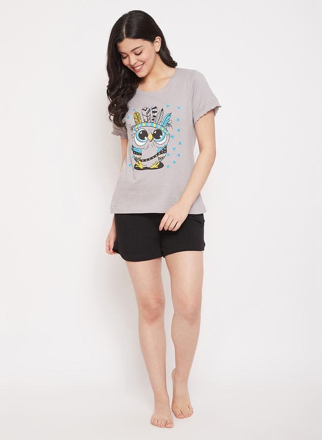 Clovia Grey Owl Print Nightwear Set 7016404014Grey - Image 1