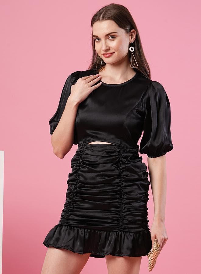 Globus Black Satin Ruched Puff Sleeve Mini Dress - Image 1