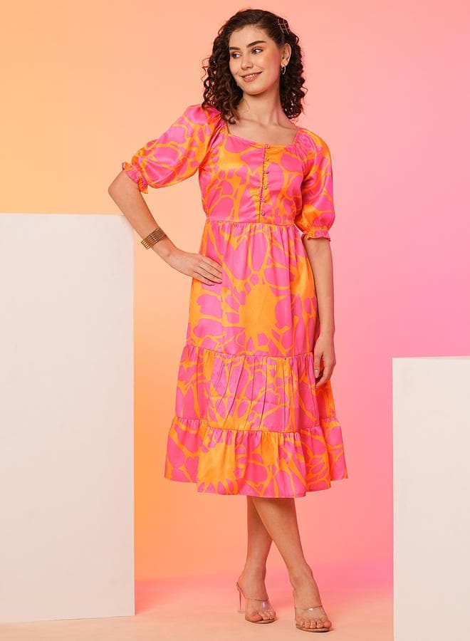 Globus Floral Puff Sleeve A-Line Midi Dress Orange - Image 1