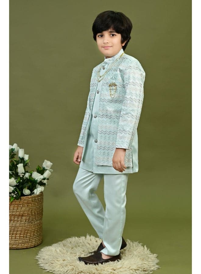 Light Blue Satin Sherwani Set with Embroidered Detail - Image 1