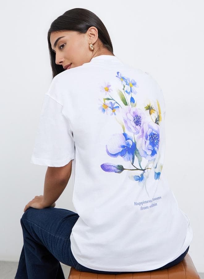 Styli White Floral Graphic Oversized T-Shirt - Image 1