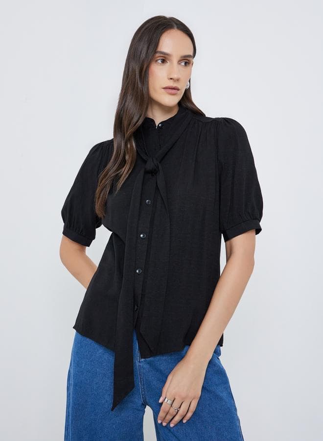 Styli Black Tie-Up Neck Puff Sleeve Blouse - Image 1