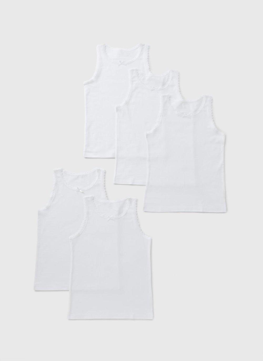 5 Pack Girls White Cotton Everyday Vests - Image 1