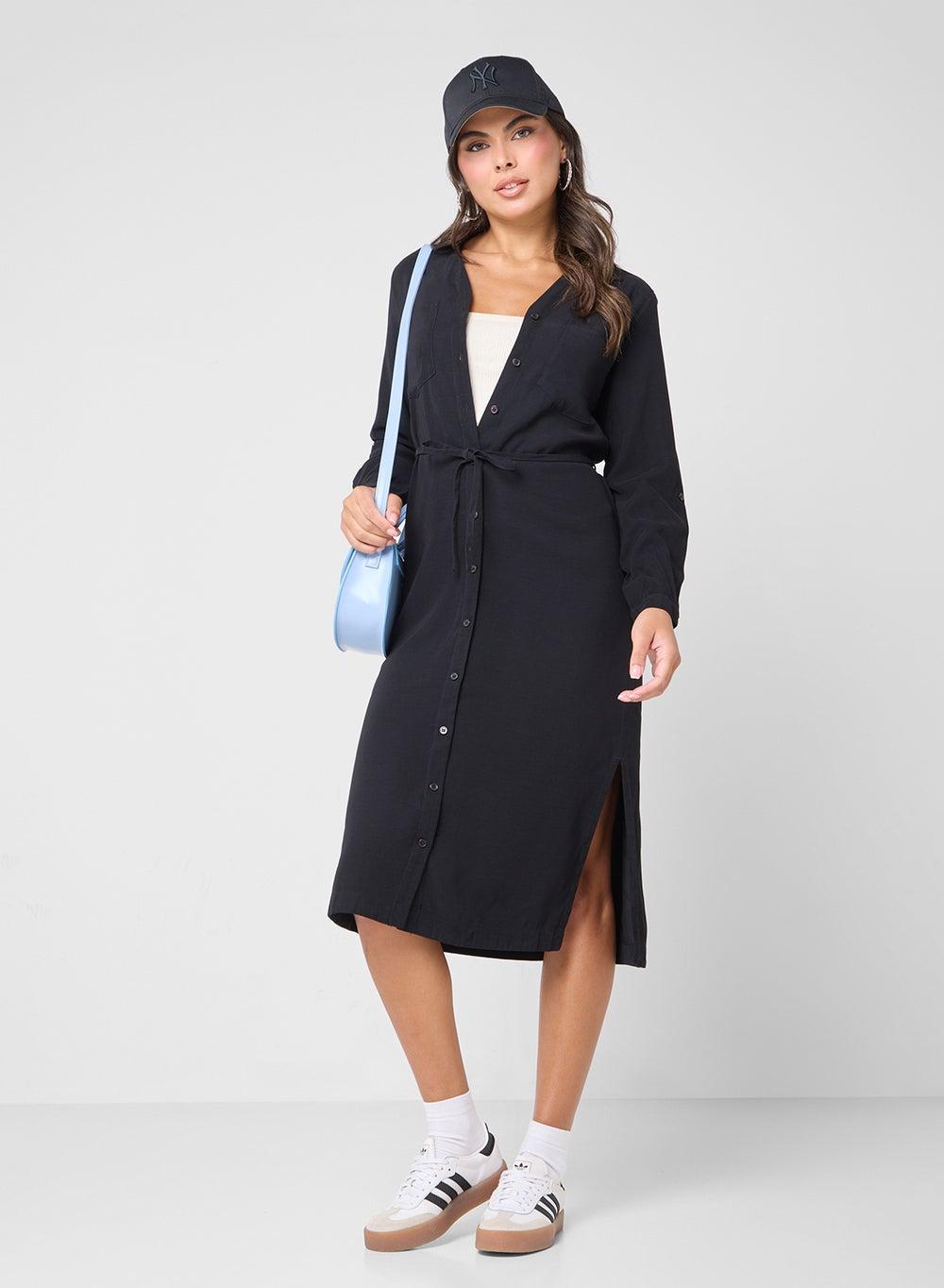Black Belted Midi Dress 15337950 Button-Up Elegance - Image 1