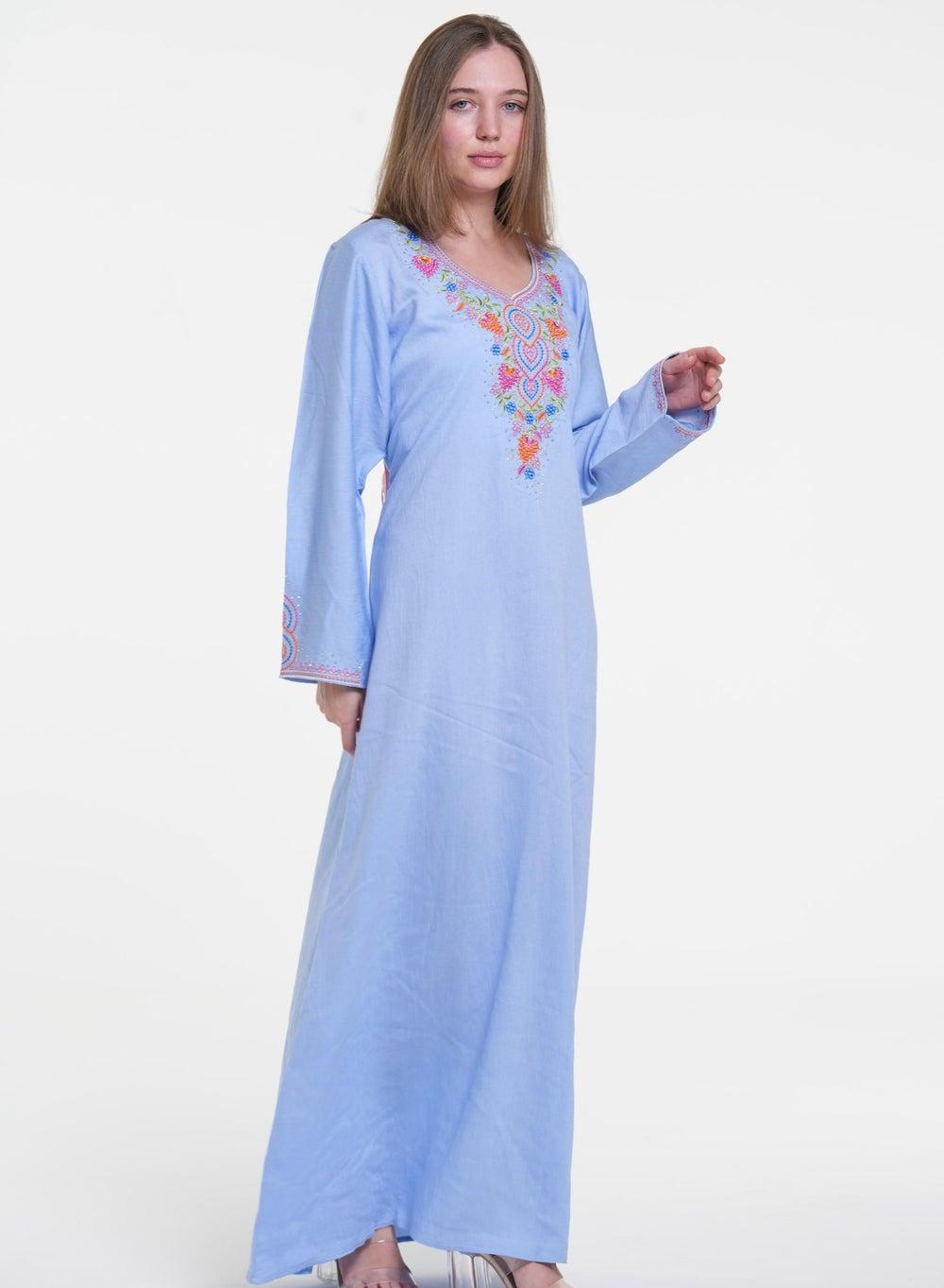 Blue Linen Mukhawar Jalabiya V-Neck Dress - Image 1