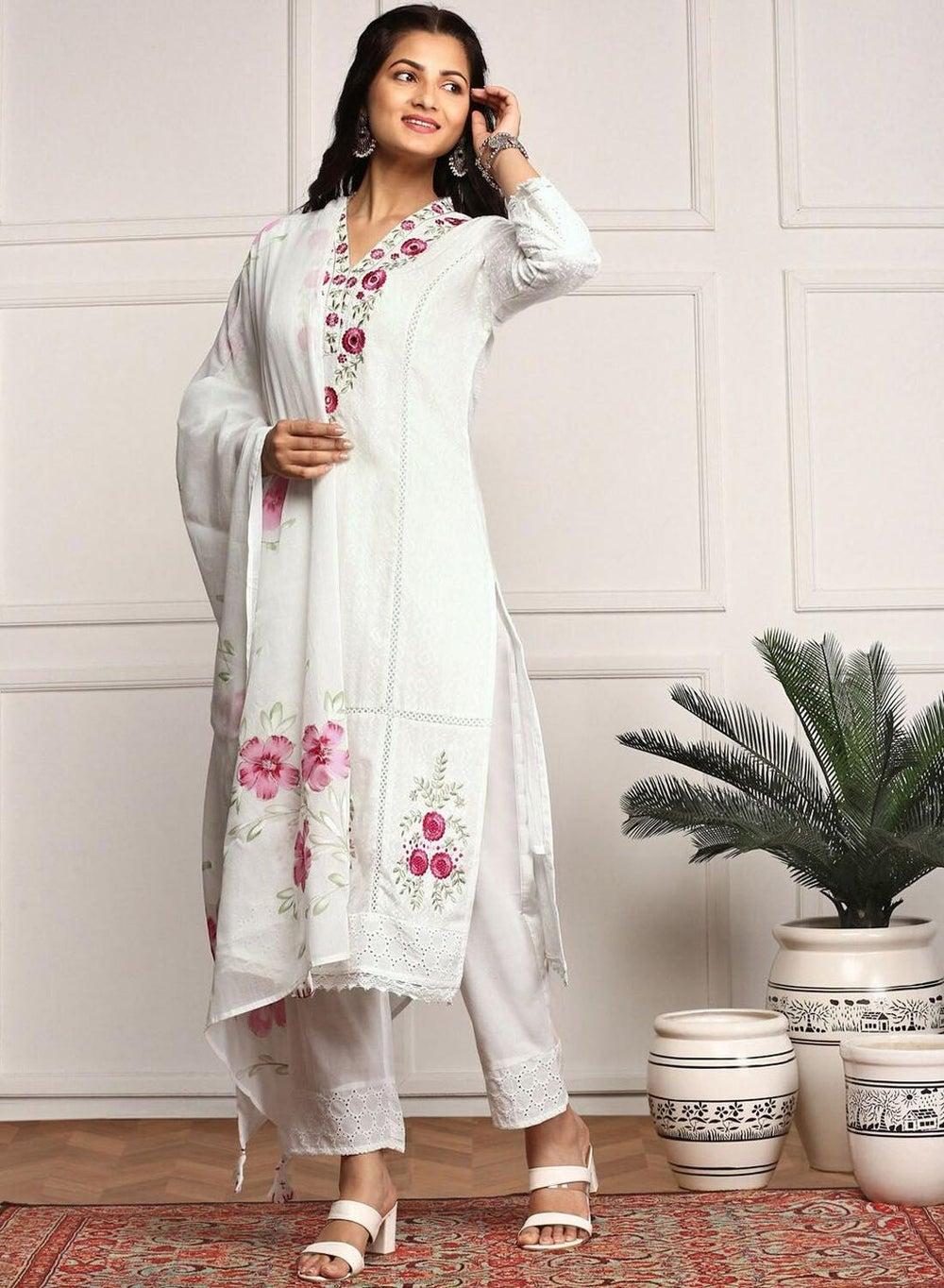 Off-White Cotton Embellished Kurta Palazzo Set - Image 1