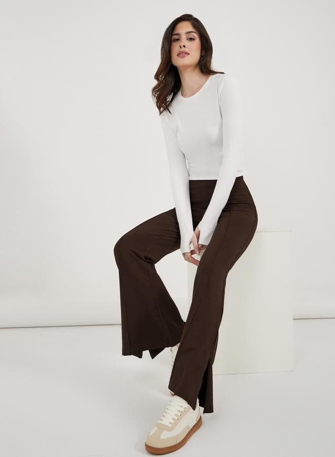 Styli 7007810305 Brown Flare Leggings with Slit Hem - Image 1
