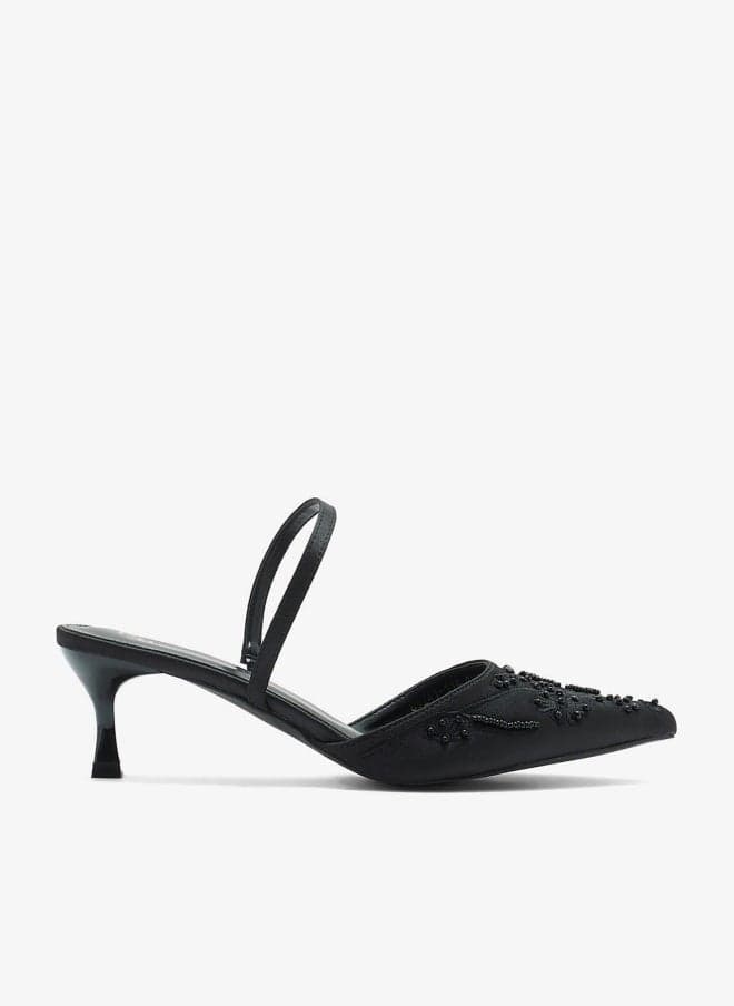Floral Embroidered Pearl Pointed Backstrap Pumps 89241 - Image 1
