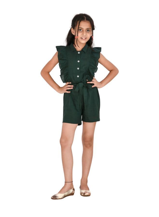 Bottle Green Collared Rayon Cotton Girls Jumpsuit - Image 1