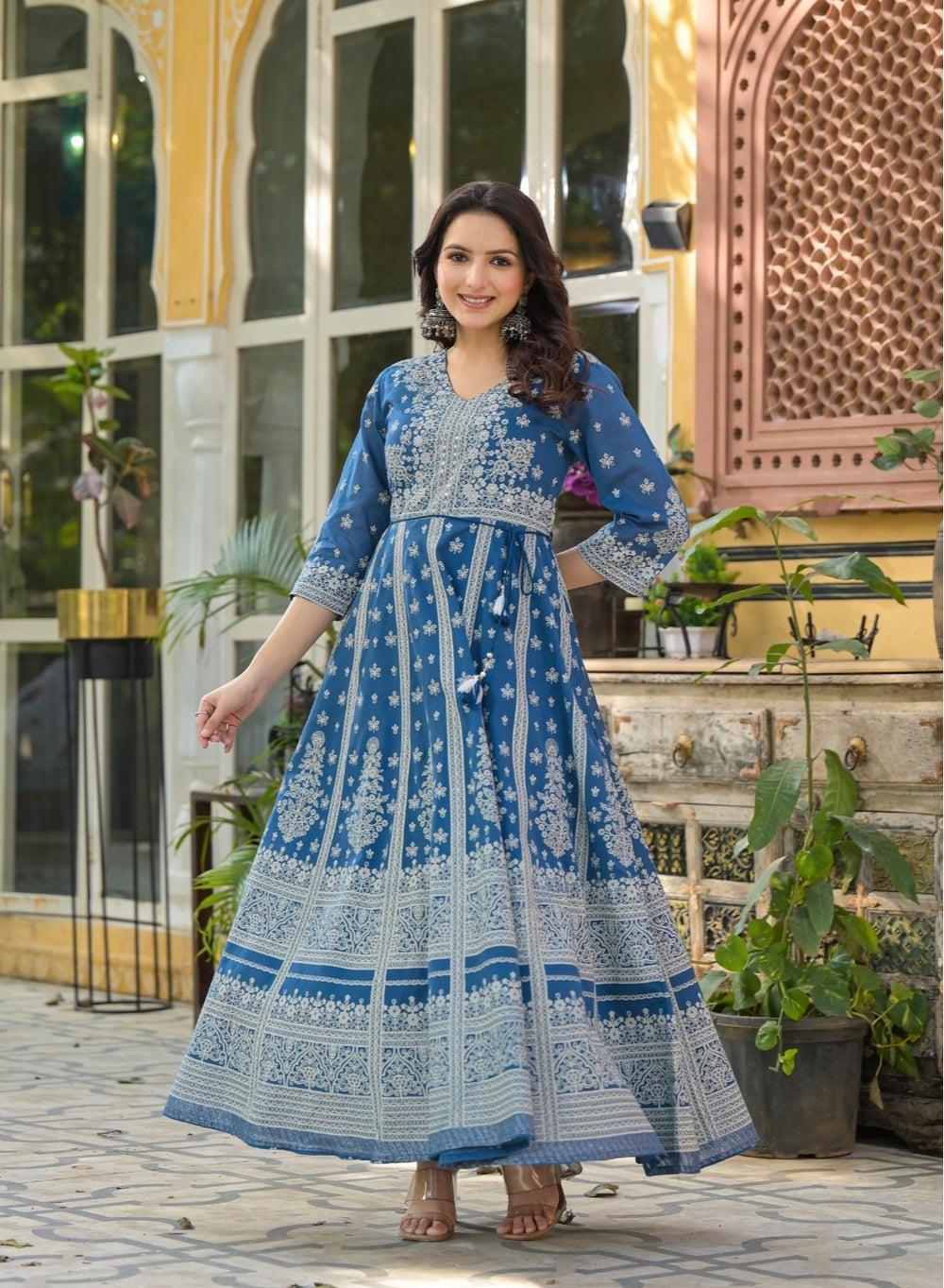 Blue & White Printed Flared Cotton Kurti Dress - Image 1