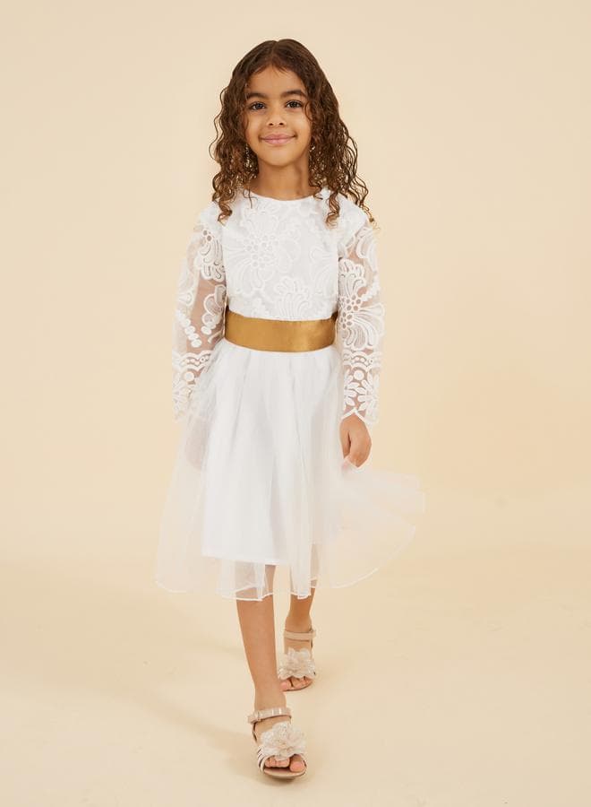 Girls White Lace Bodice Tulle Midi Dress - Image 1