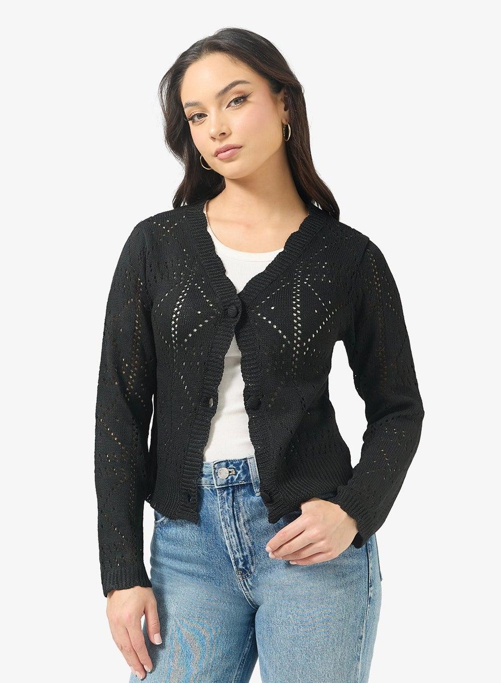 Black Openwork Knit Button-Up Cardigan Y250520073 - Image 1