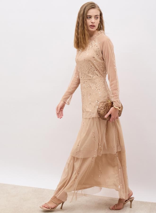 Styli Embellished Tiered Maxi Dress 7010425902 Beige - Image 1