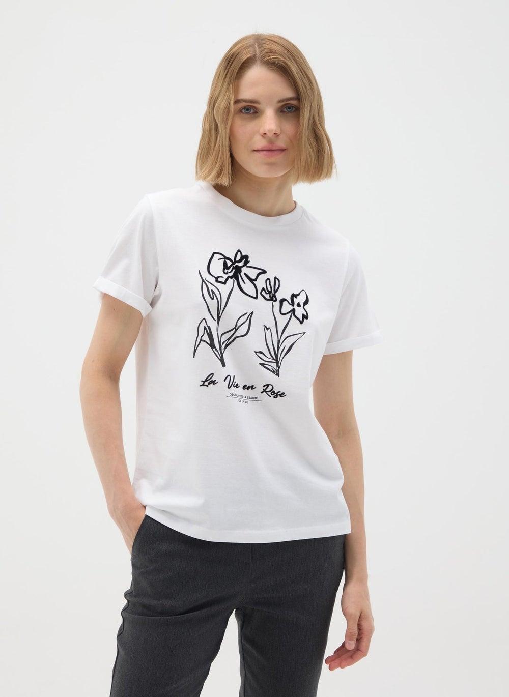 White Floral Print Pure Cotton Regular Fit T-Shirt - Image 1