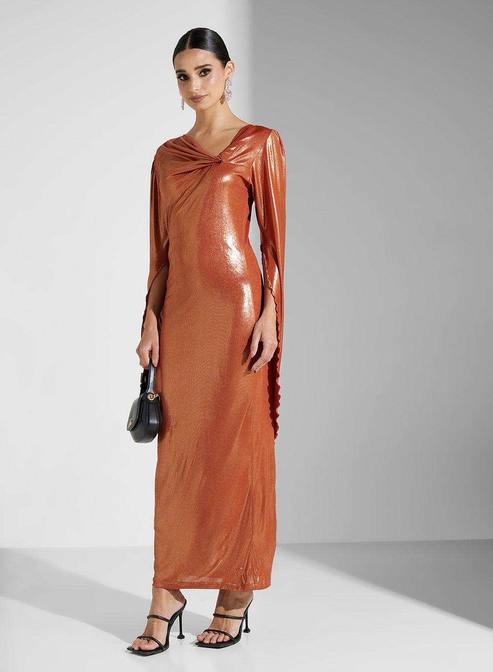 Bronze Shimmer Maxi Dress with Draped V-Neck - Image 1