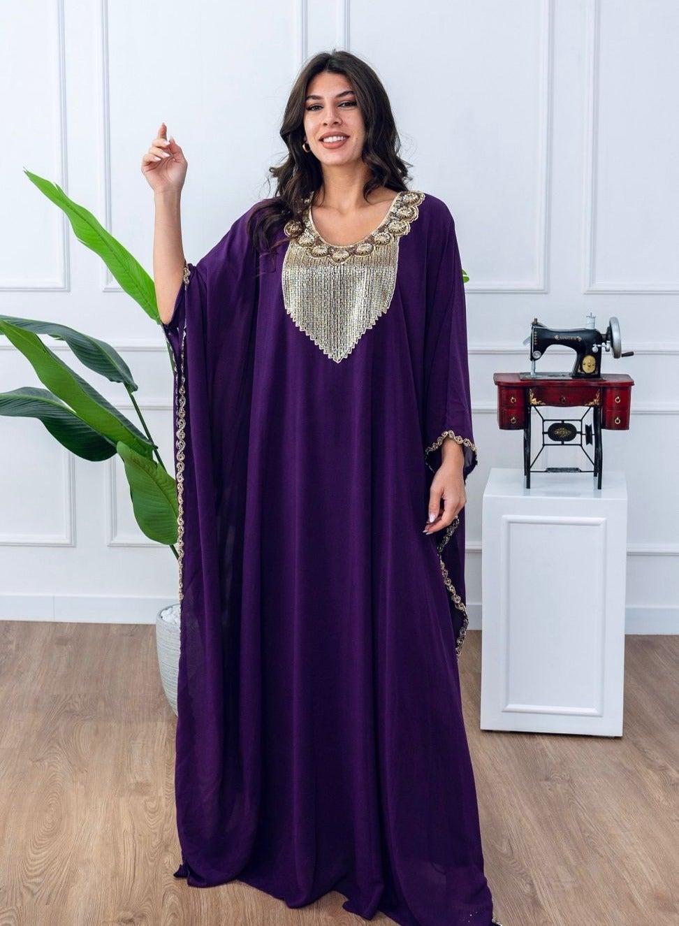 Purple Embroidered Jalabiya Butterfly Cut Chiffon Dress - Image 1