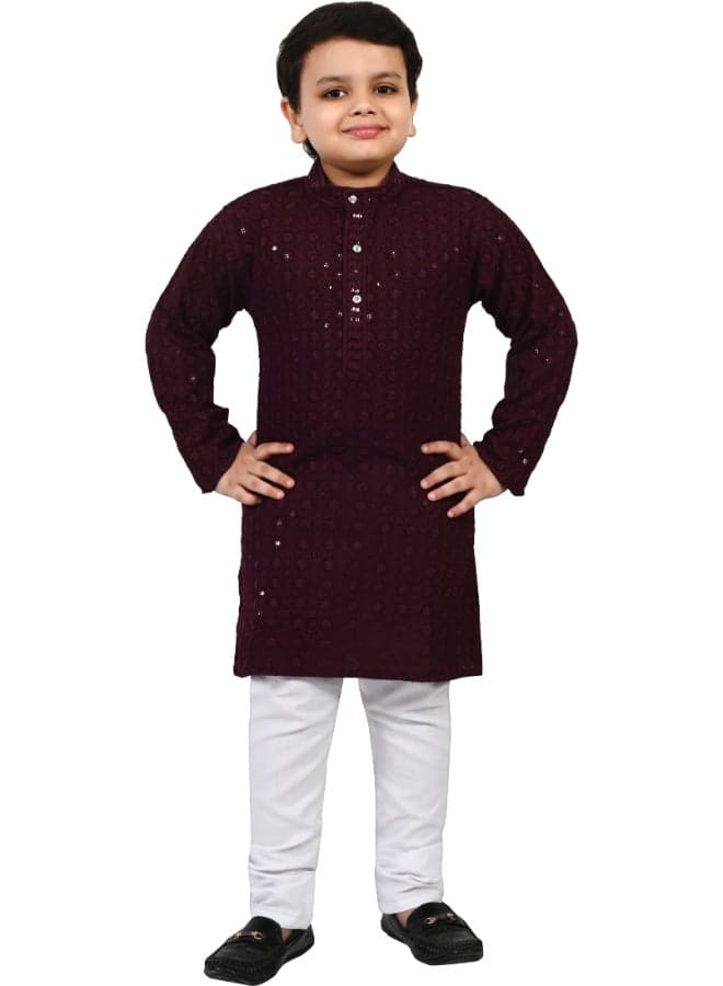 Wine Chikankari Kurta Pyjama Set for Boys - Image 1