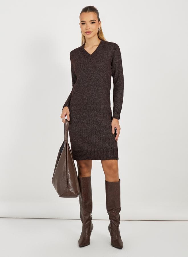 Brown Flat Knit V-Neck Mini Dress 7009702705 - Image 1