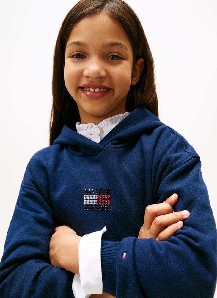 Girls Rhine Stone Flag Hoodie Night Navy - Image 1