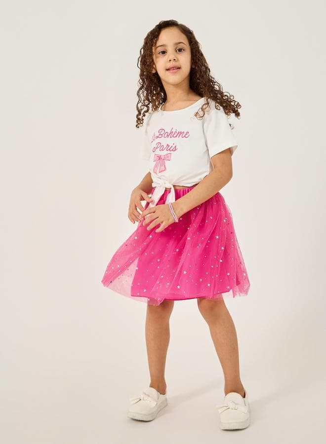 Girls Pink Graphic Tie-Up Top Star Mesh Skirt Set - Image 1