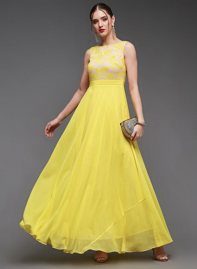 7008682237 Yellow Chiffon Lace Bodice Maxi Dress - Image 1