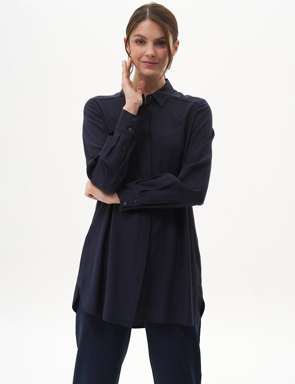 Navy Blue Concealed Placket Viscose Tunic - Image 1