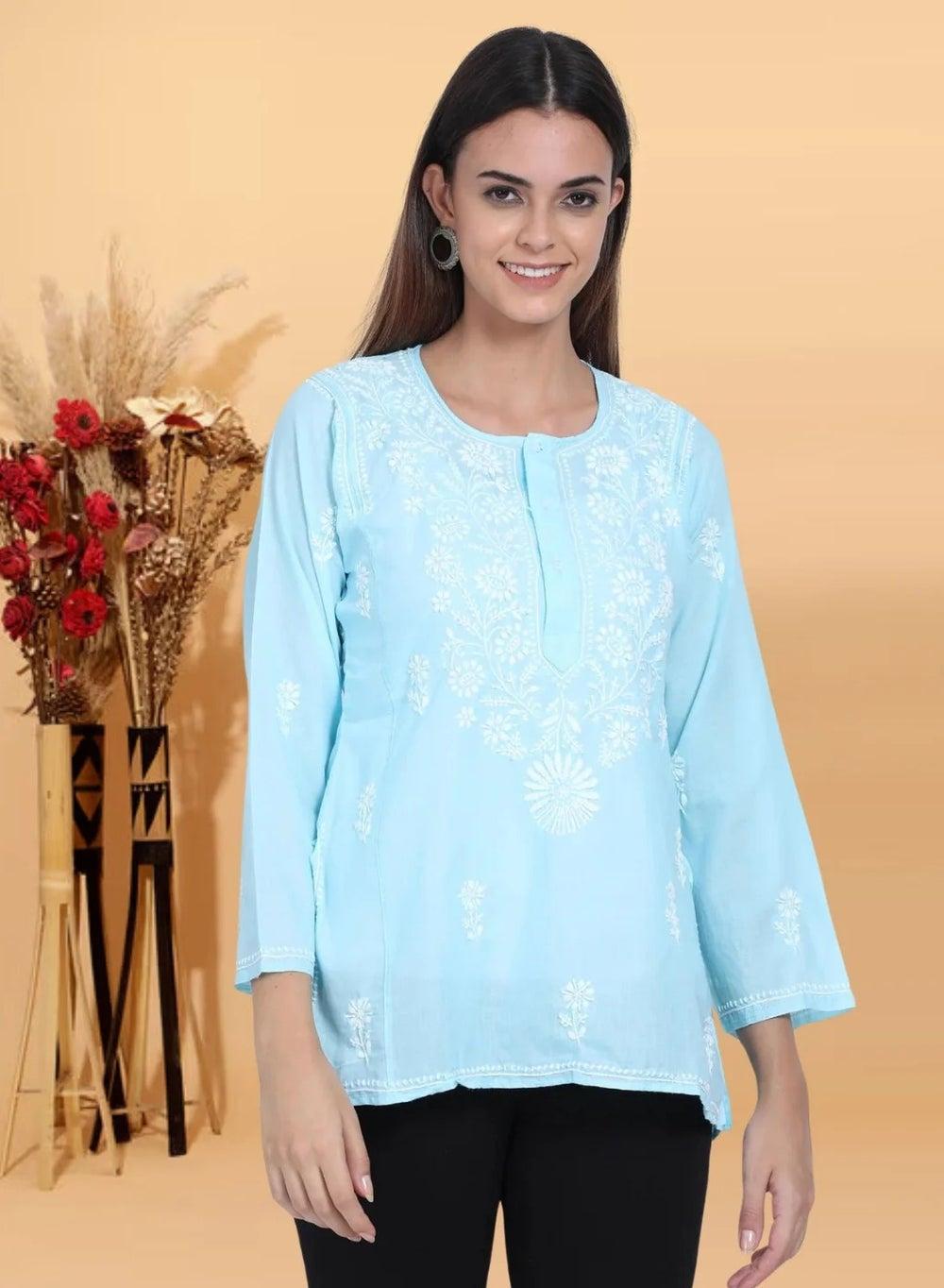 Sky Blue Chikankari Cotton Kurti ALSTV115 - Image 1