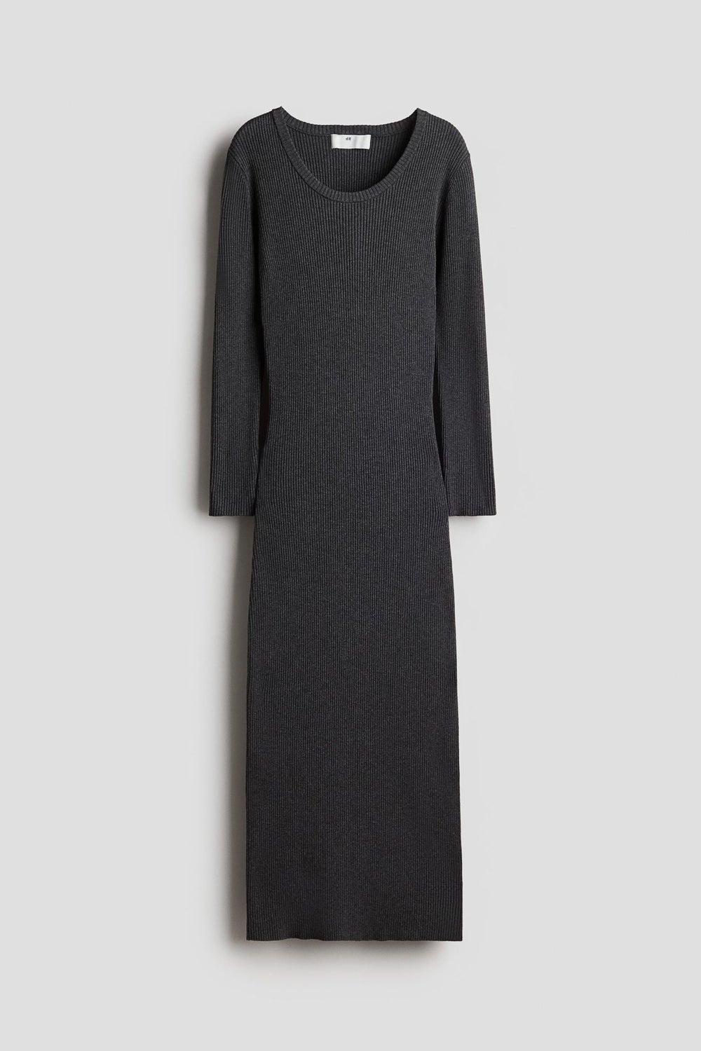Dark Grey Rib-Knit Midi Bodycon Dress - Image 1