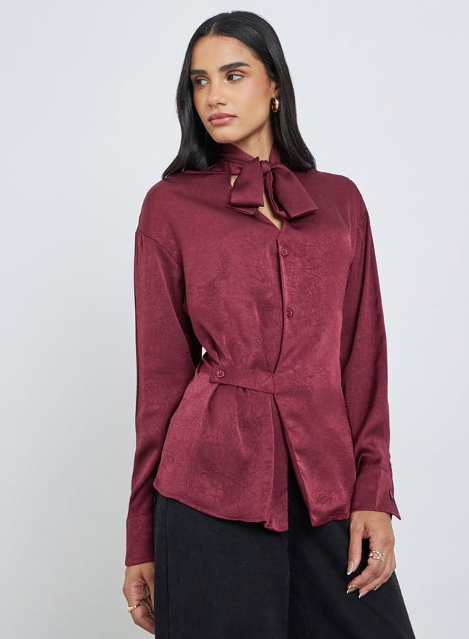 Styli Burgundy Tie-Neck V-Neck Blouse - Image 1