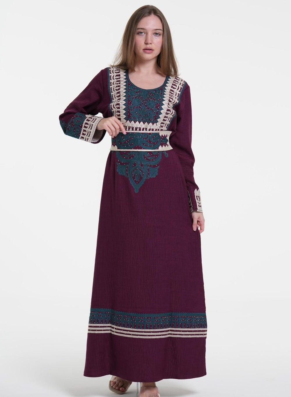 Burgundy Embroidered Jalabiya Linen Belted Dress - Image 1