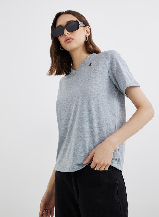 Embroidered V-Neck Grey Regular Fit T-Shirt - Image 1