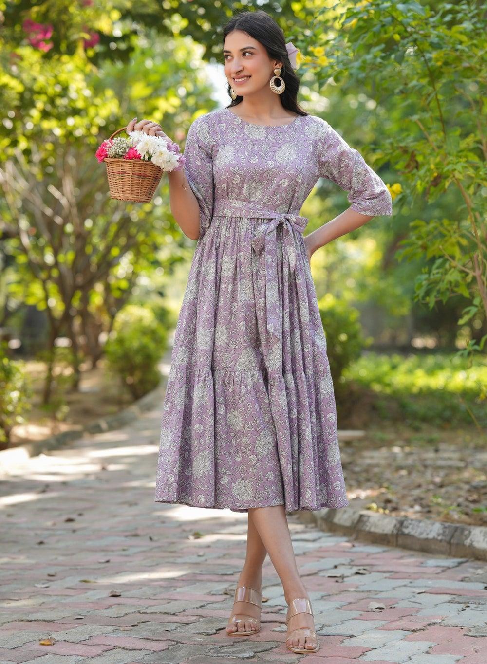Lilac Floral Tiered Midi Dress with Tie Waist - Image 1