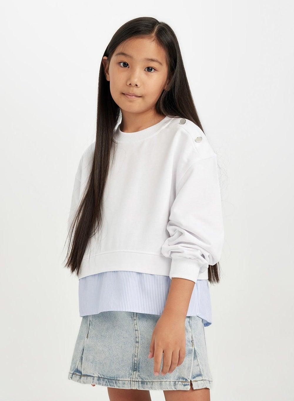 White Relax Fit Crew Neck Button Sweatshirt D0703A8 - Image 1
