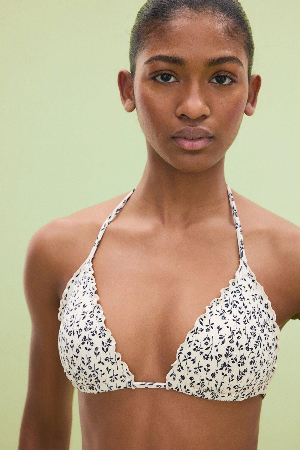 Floral Push-Up Triangle Bikini Top with Beaded Ties - Image 1