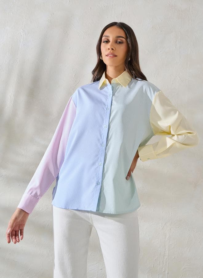 Oversized Color Block Striped Longline Shirt 7008622220 - Image 1