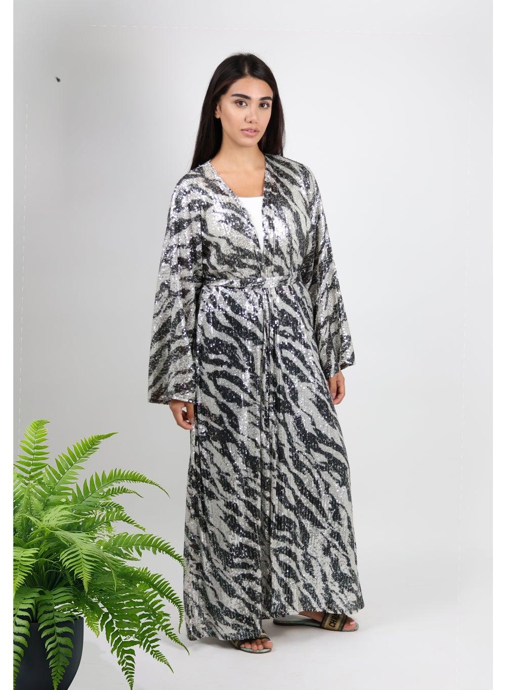 White Zebra Print Open Abaya UAE Classic Fit - Image 1