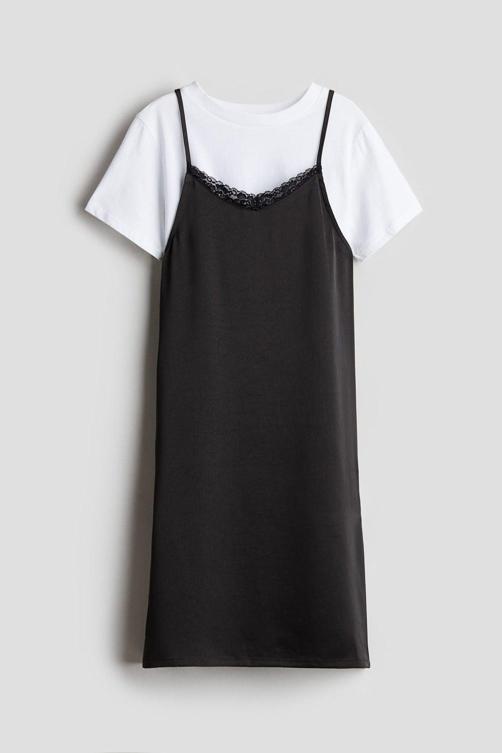 2-Piece Black Slip Dress & Cotton Top Set - Image 1