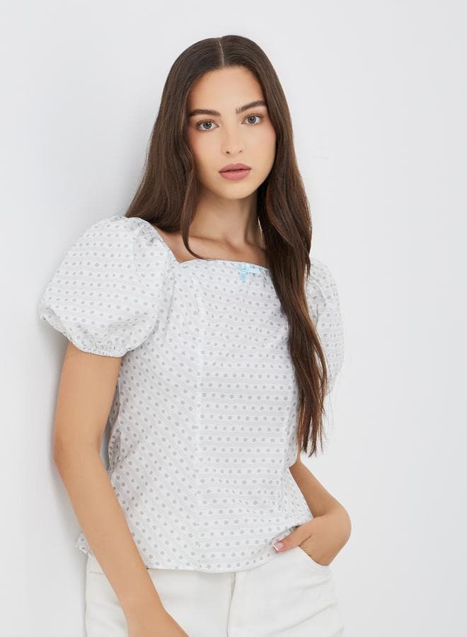 All-Over Print Square Neck Puff Sleeve Blouse - Image 1