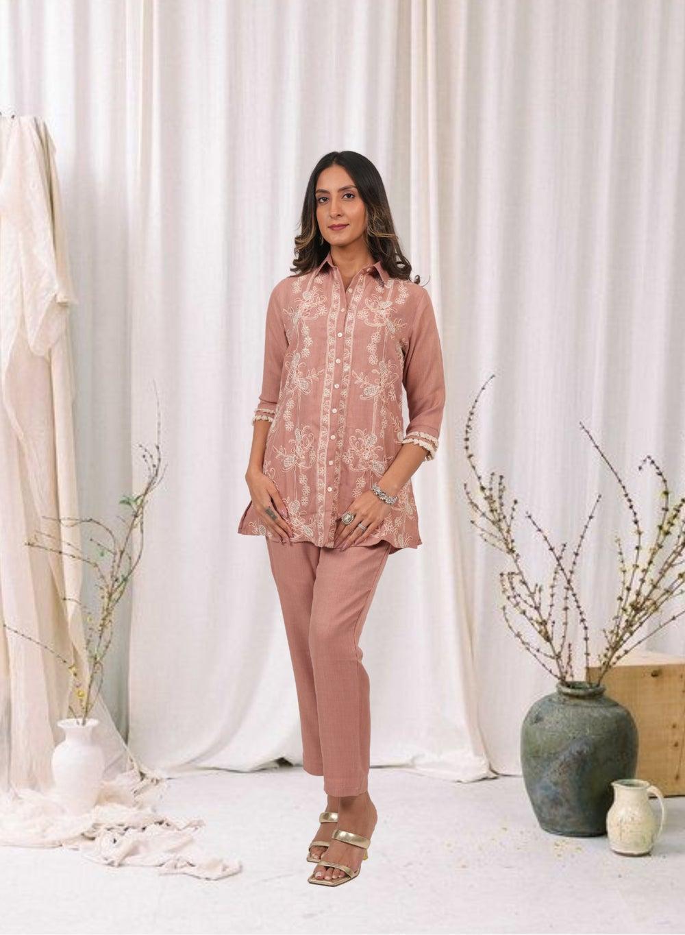 Lehar Pink Blossom Embroidered Cotton Linen Co-Ord Set - Image 1