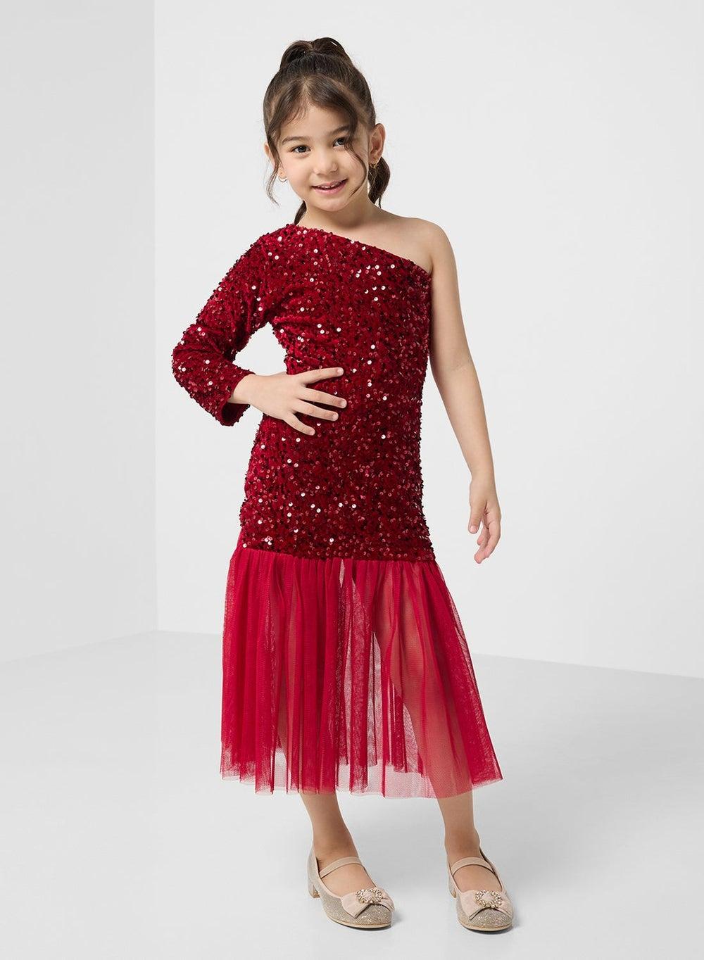 Crimson One-Shoulder Sequin Midi Dress - Image 1