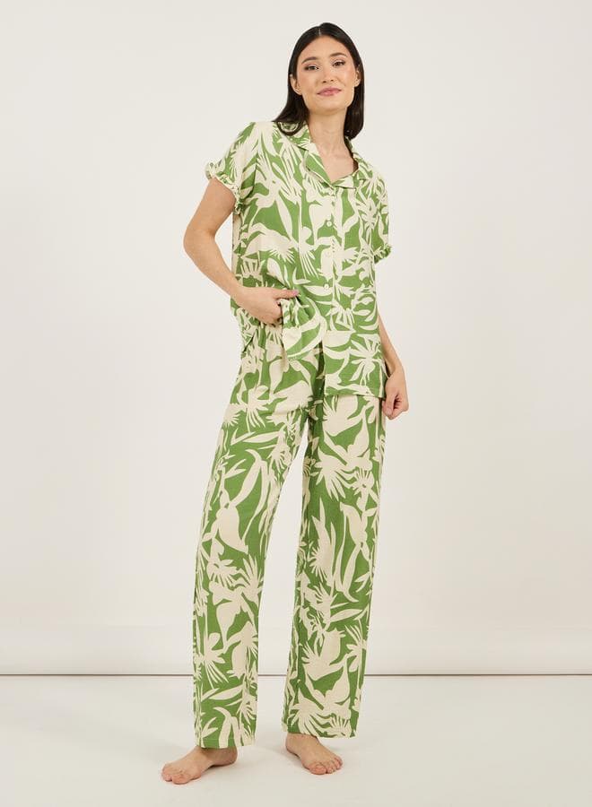 Styli Floral Viscose Pyjama Shirt Set 7011208420 Green - Image 1